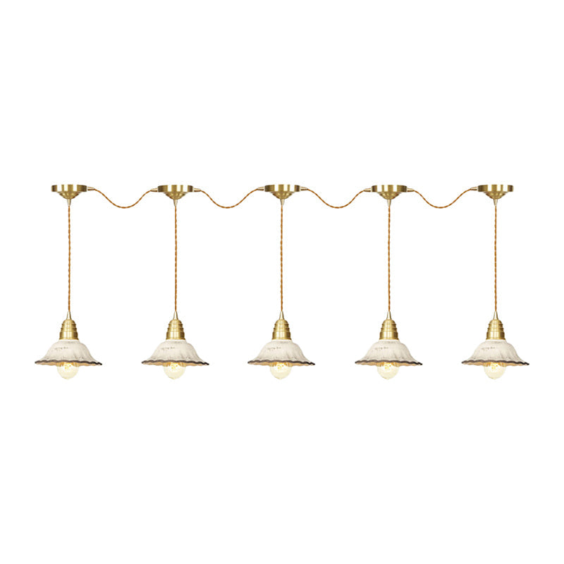 Gold Ceramics Suspension Lamp - Traditional Scalloped Multi-Hanging Light With Series Connection