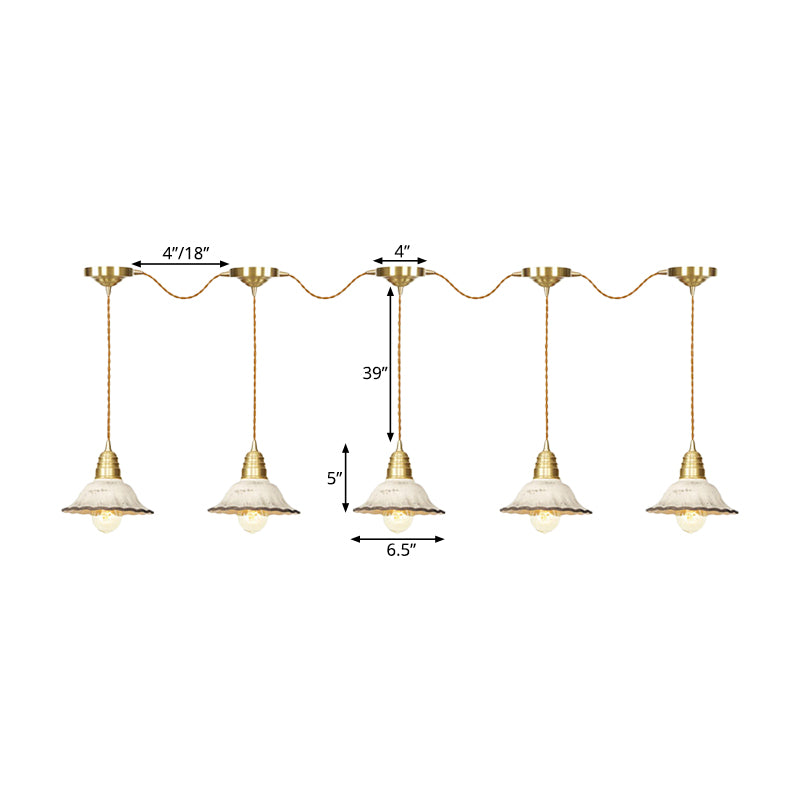 Gold Ceramics Suspension Lamp - Traditional Scalloped Multi-Hanging Light With Series Connection