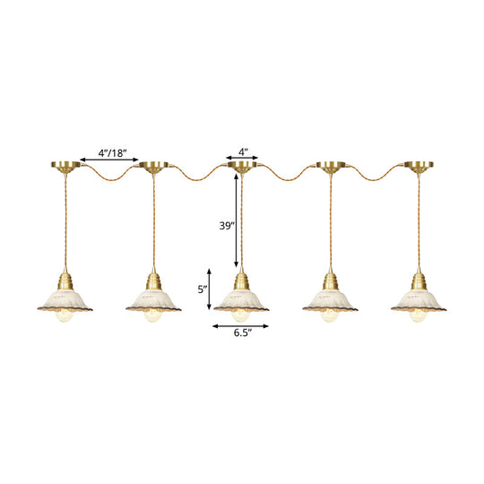 Gold Ceramics Suspension Lamp - Traditional Scalloped Multi-Hanging Light With Series Connection