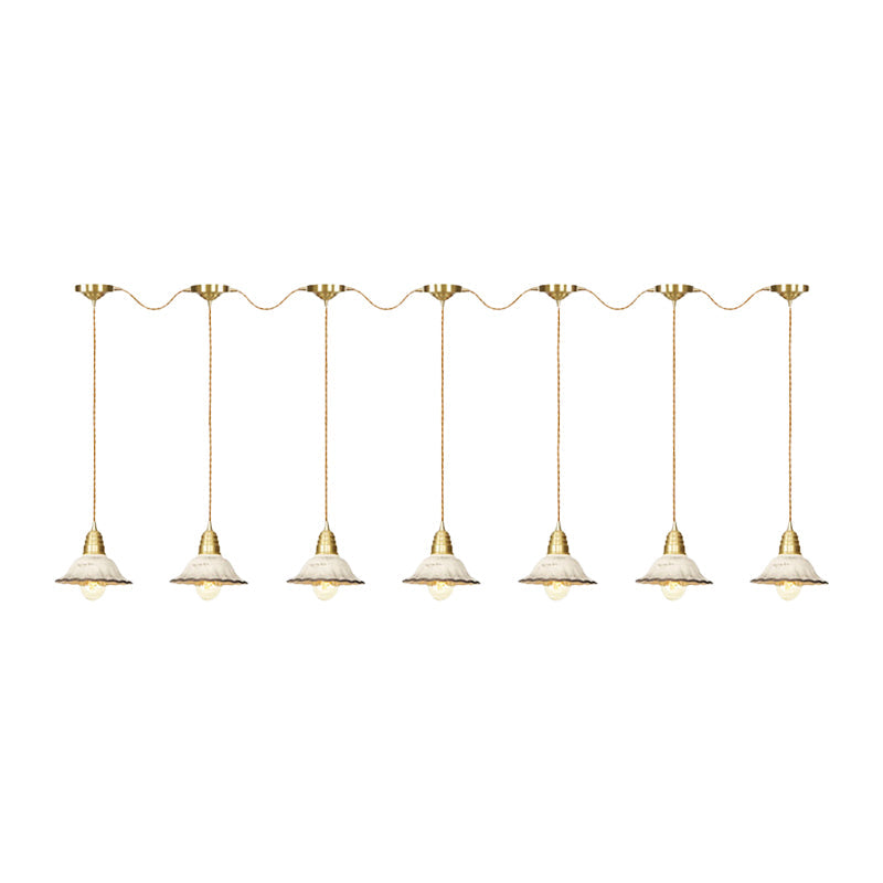Gold Ceramics Suspension Lamp - Traditional Scalloped Multi-Hanging Light With Series Connection