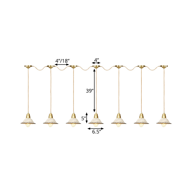 Gold Ceramics Suspension Lamp - Traditional Scalloped Multi-Hanging Light With Series Connection