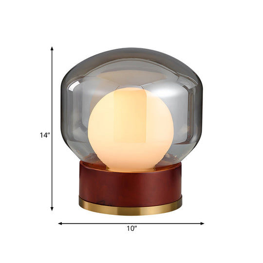 Opal Glass Globe Night Light With Wood Base - Countryside Bedroom Table Lamp In Brown