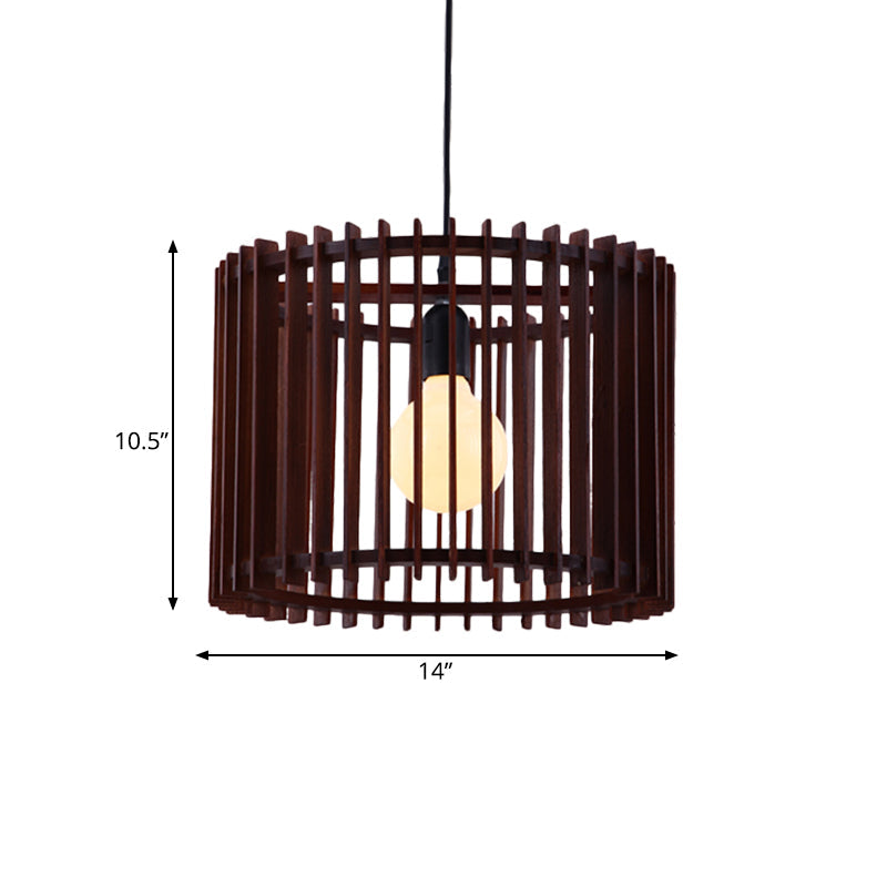 Modern Brown Wood Cylinder Cage Pendant Light - 1 Hanging Lamp Kit