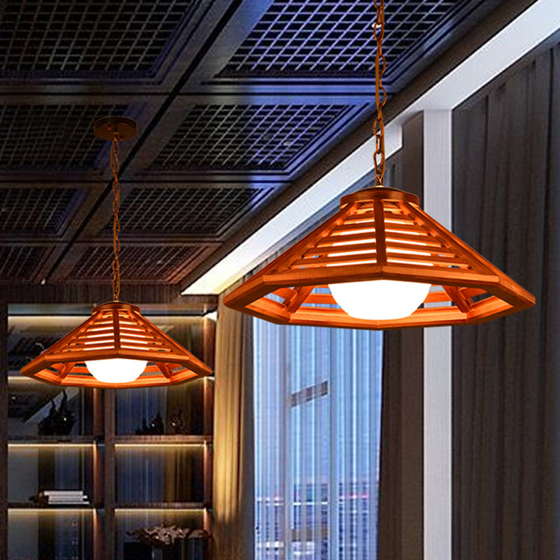 Country Wood Cone Ceiling Pendant Light - Beige/Red Brown 13/19.5 Wide 1 Restaurant Suspension Lamp