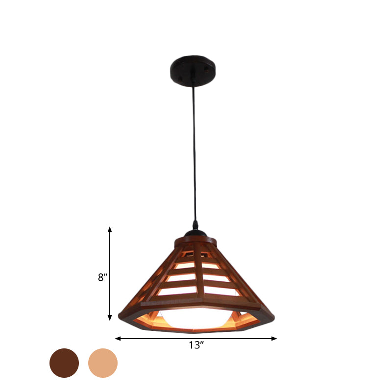 Country Wood Cone Ceiling Pendant Light - Beige/Red Brown 13/19.5 Wide 1 Restaurant Suspension Lamp