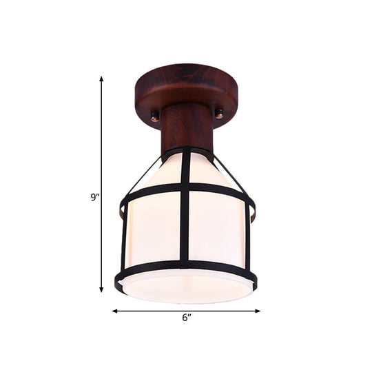 Country Opal Glass Dome Ceiling Light Fixture With Cage - Brown Flush Mount Lamp
