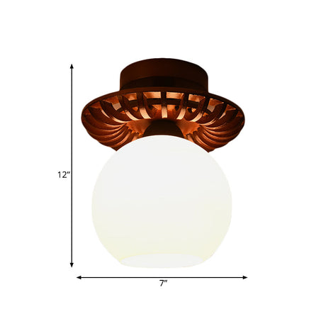 Rustic Cream Glass Flush Mount Ceiling Light With Wood Frame - Brown Globe/Square Design