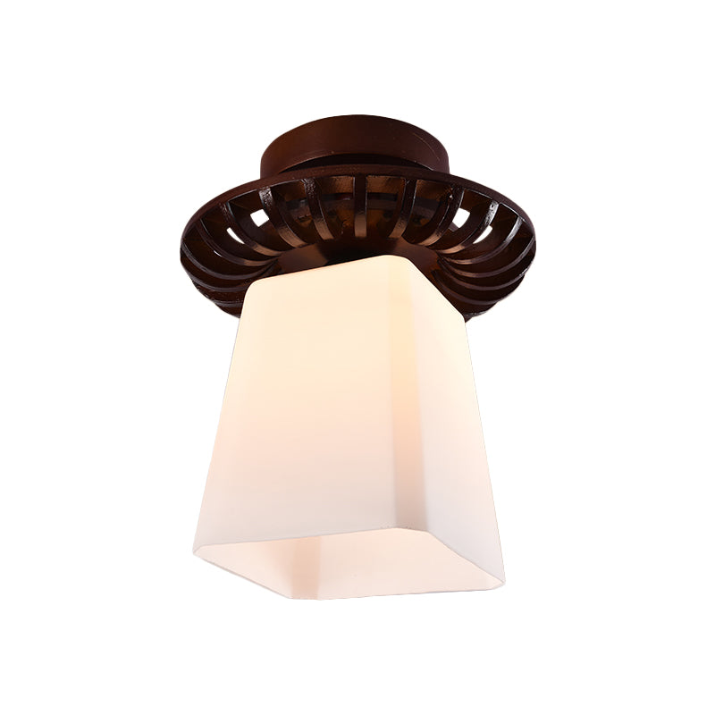 Rustic Cream Glass Flush Mount Ceiling Light With Wood Frame - Brown Globe/Square Design