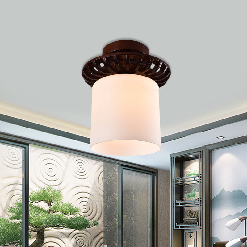 Rustic Cream Glass Flush Mount Ceiling Light With Wood Frame - Brown Globe/Square Design