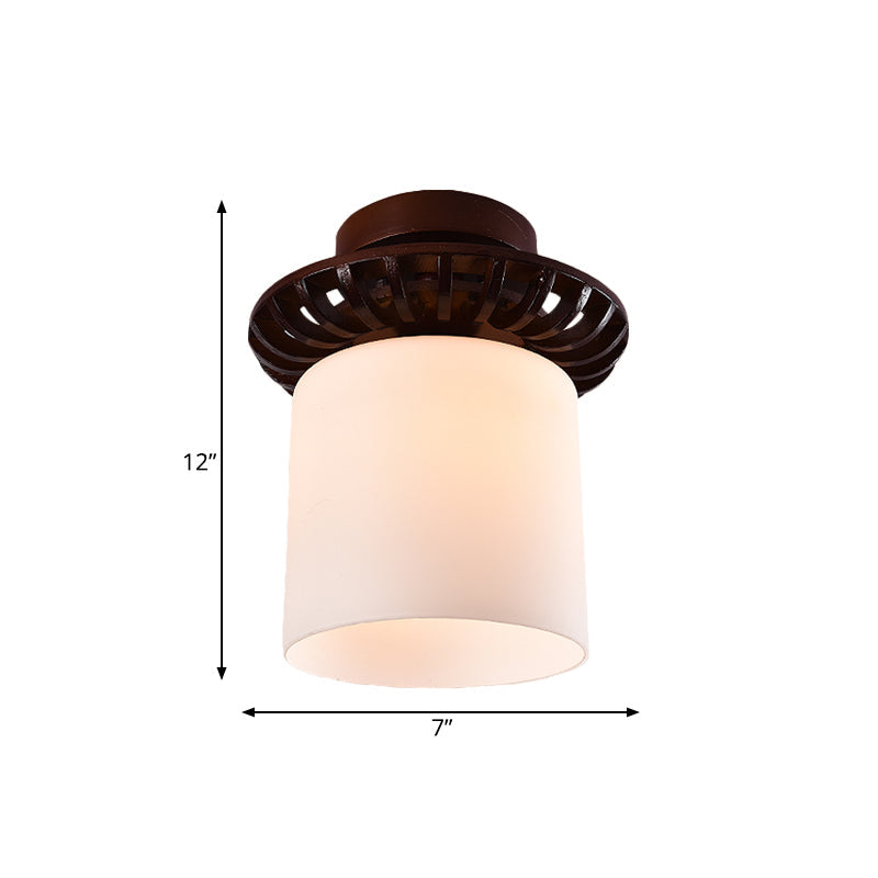 Rustic Cream Glass Flush Mount Ceiling Light With Wood Frame - Brown Globe/Square Design