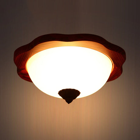 Frosted Glass Brown Flush Light Fixture - 16/19 W 3 Heads Rural Mount Recessed Lighting With Wood