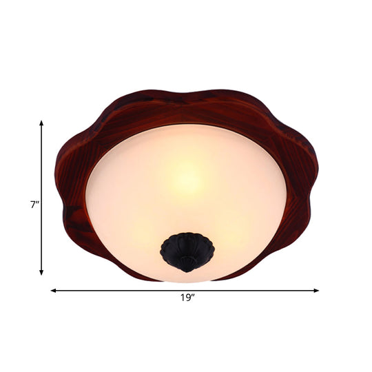 Frosted Glass Brown Flush Light Fixture - 16/19 W 3 Heads Rural Mount Recessed Lighting With Wood