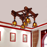 Semi Flush Mount Conical Cage Wood Ceiling Light Fixture - 5 Heads Country Style In Brown