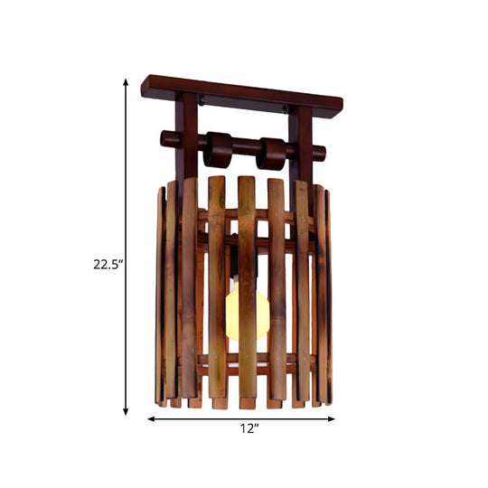 Bamboo Semi-Flush Mount Ceiling Lamp: Oval/Cylinder Cage Country Style Brown With Wood Canopy