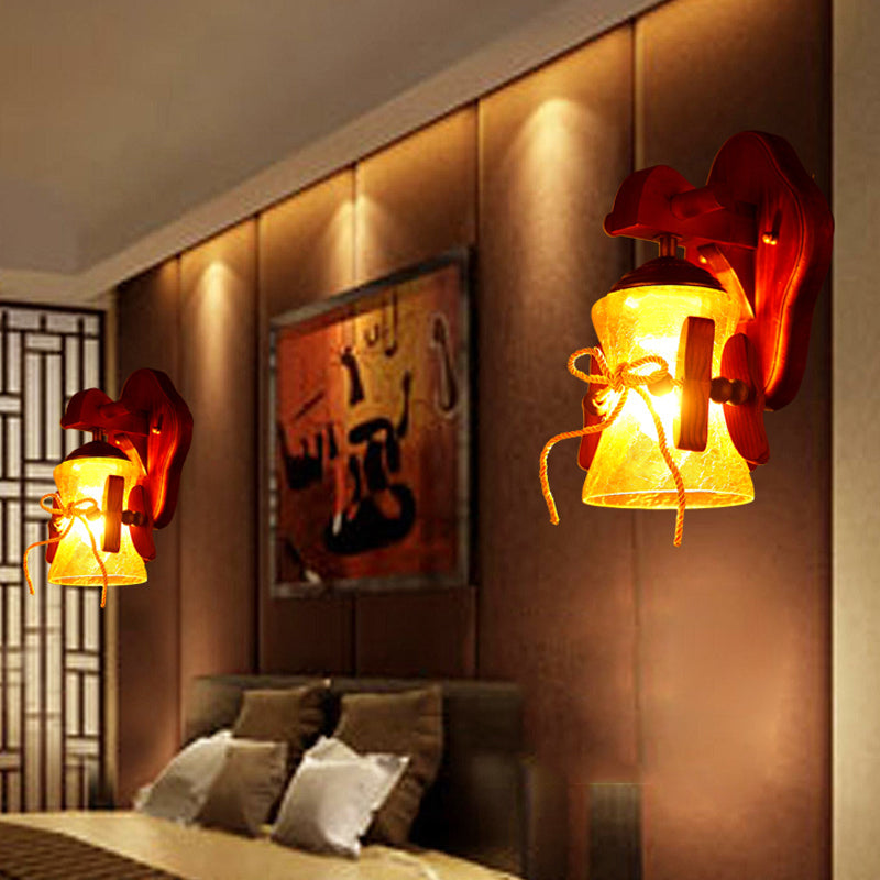 Rustic Water Glass Wall Sconce With Wood Backplate And Flared Design