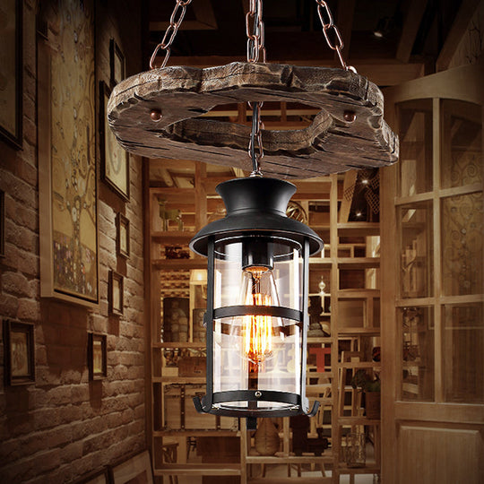 Modern Black Glass Drop Pendant Light With Wood Circle Deco For Dining Room