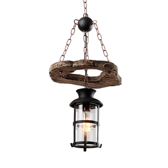Modern Black Glass Drop Pendant Light With Wood Circle Deco For Dining Room