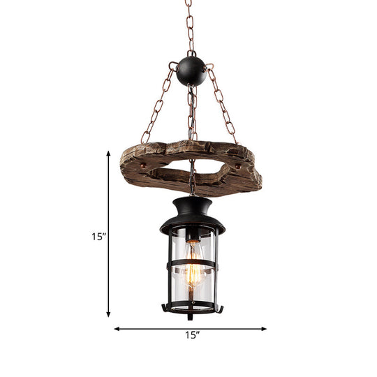 Modern Clear Glass Drop Pendant Light With Wood Circle Accents - Black Finish
