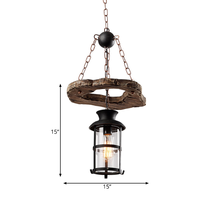 Modern Black Glass Drop Pendant Light With Wood Circle Deco For Dining Room