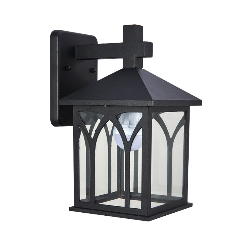 Black Farmhouse Wall Sconce With Clear Glass And Open Bottom - 1 Bulb Cuboid Mount Light