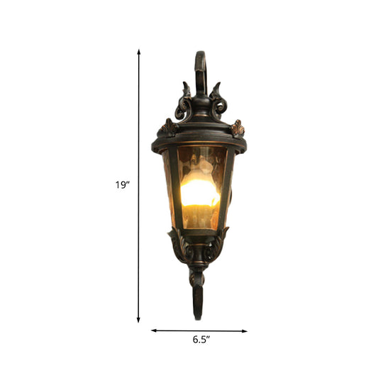 Rustic Clear Water Glass Outdoor Wall Sconce - Black Urn Shape Mounted Lamp With 1 Head