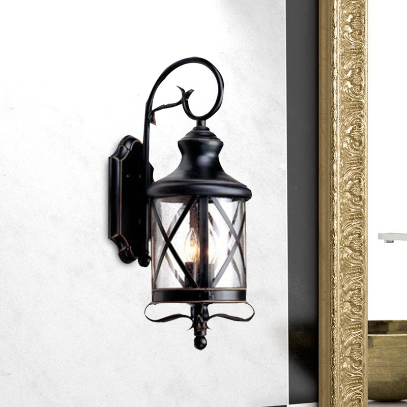 Rustic Black Wall Sconce Lamp - Clear Seeded Glass Jar Shape Ideal For Garden Lighting