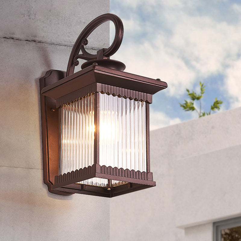 Clear Ribbed Glass Wall Light Rustic Black Finish Outdoor Cuboid Sconce Lamp