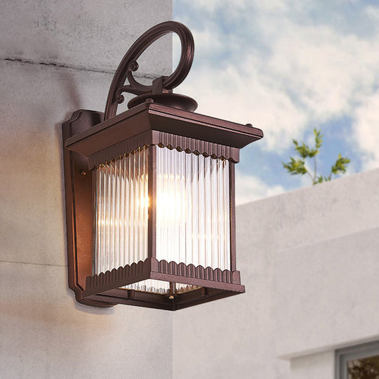 Clear Ribbed Glass Wall Light Rustic Black Finish Outdoor Cuboid Sconce Lamp