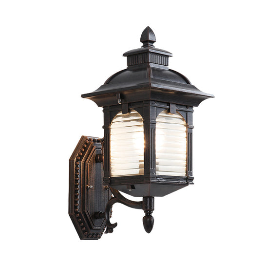 Black Sconce Light Fixture With Ribbed Glass And Wall Mount For Lodges Pavilions