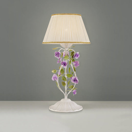 Korean Flower 1-Head Nightstand Lamp With White Fabric Shade For Bedroom