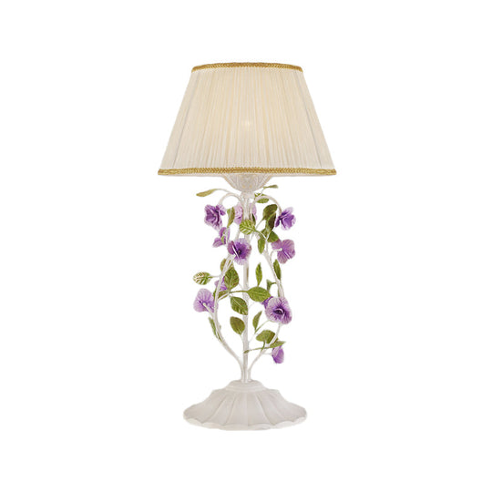 Korean Flower 1-Head Nightstand Lamp With White Fabric Shade For Bedroom