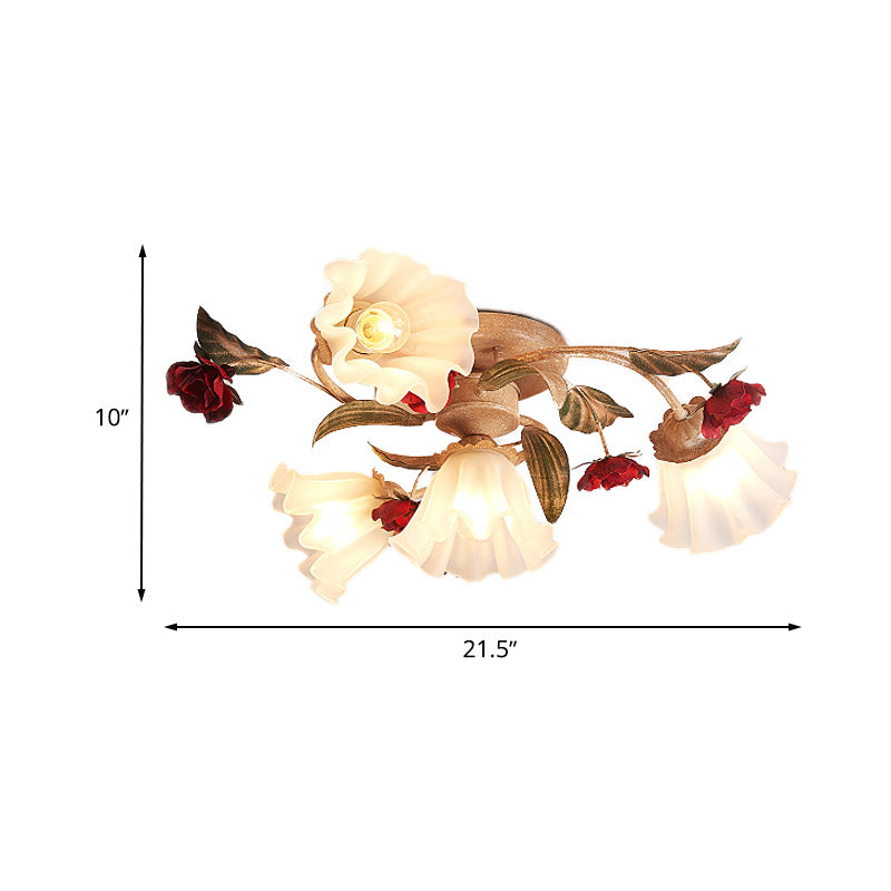 Brown 4/7/9 - Bulb Semi Flush Mount Pastoral Frosted Glass Ceiling Light With Red Flower Design