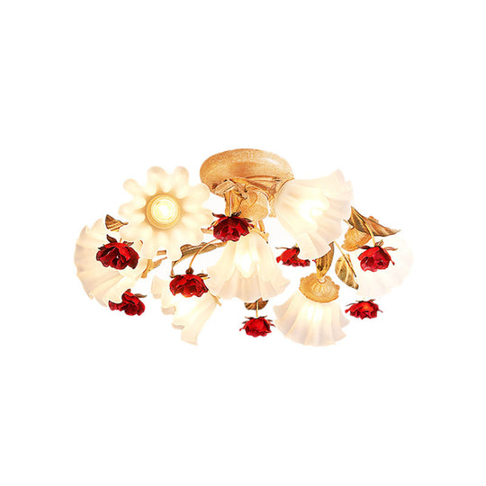 Brown 4/7/9 - Bulb Semi Flush Mount Pastoral Frosted Glass Ceiling Light With Red Flower Design