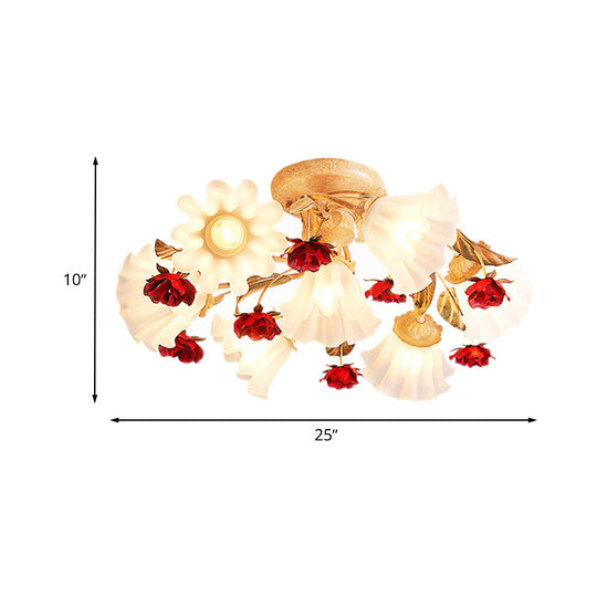 Brown 4/7/9 - Bulb Semi Flush Mount Pastoral Frosted Glass Ceiling Light With Red Flower Design