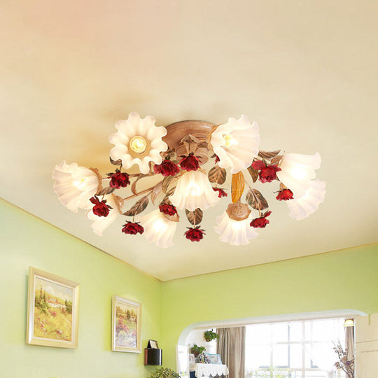 Brown 4/7/9 - Bulb Semi Flush Mount Pastoral Frosted Glass Ceiling Light With Red Flower Design