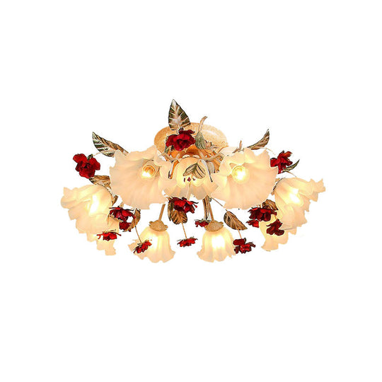 Brown 4/7/9 - Bulb Semi Flush Mount Pastoral Frosted Glass Ceiling Light With Red Flower Design