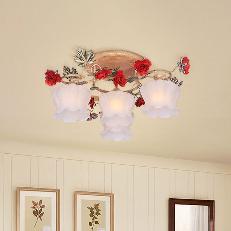 Countryside Coffee Floral Dining Room Semi Flush Light Fixture - 4/6 - Light Frosted Glass Mount