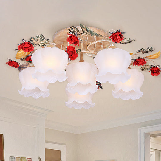 Countryside Coffee Floral Dining Room Semi Flush Light Fixture - 4/6 - Light Frosted Glass Mount 6 /