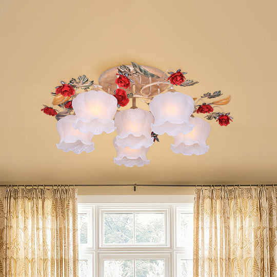 Countryside Coffee Floral Dining Room Semi Flush Light Fixture - 4/6 - Light Frosted Glass Mount