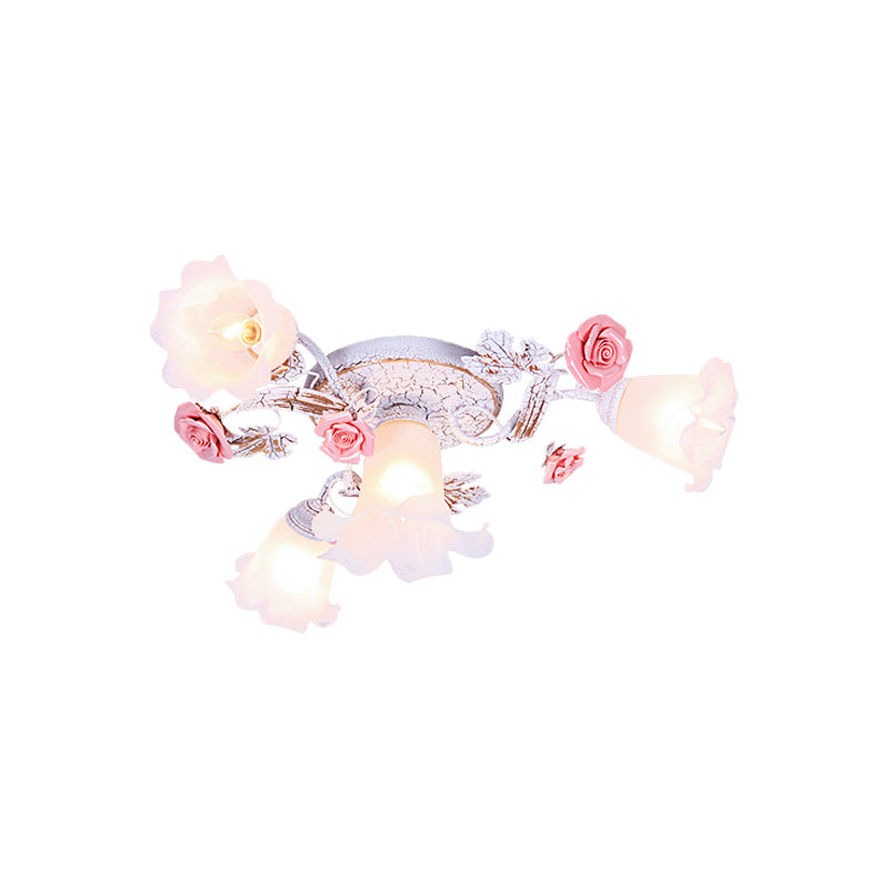 Pastoral White Glass Ceiling Light With Sputnik Design - 4/6/7 - Bulb Semi Mount For Bedroom