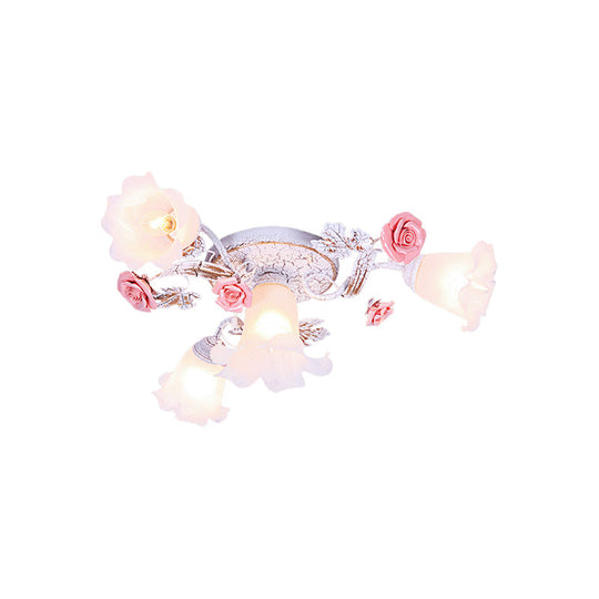 Pastoral White Glass Ceiling Light With Sputnik Design - 4/6/7 - Bulb Semi Mount For Bedroom