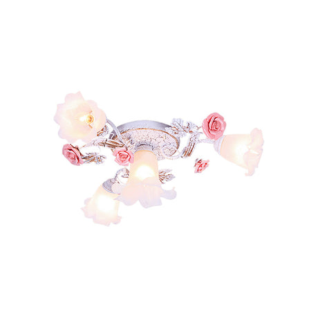 Pastoral White Glass Ceiling Light With Sputnik Design - 4/6/7-Bulb Semi Mount For Bedroom