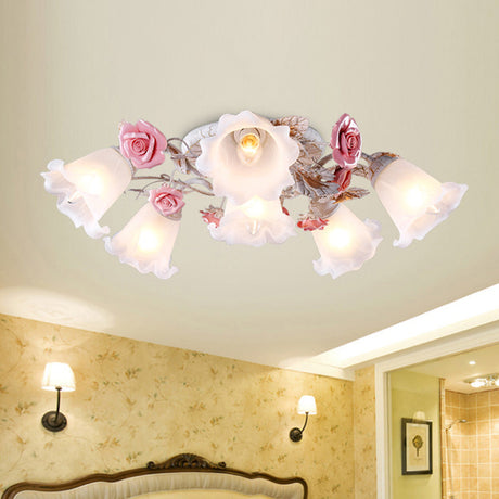 Pastoral White Glass Ceiling Light With Sputnik Design - 4/6/7-Bulb Semi Mount For Bedroom