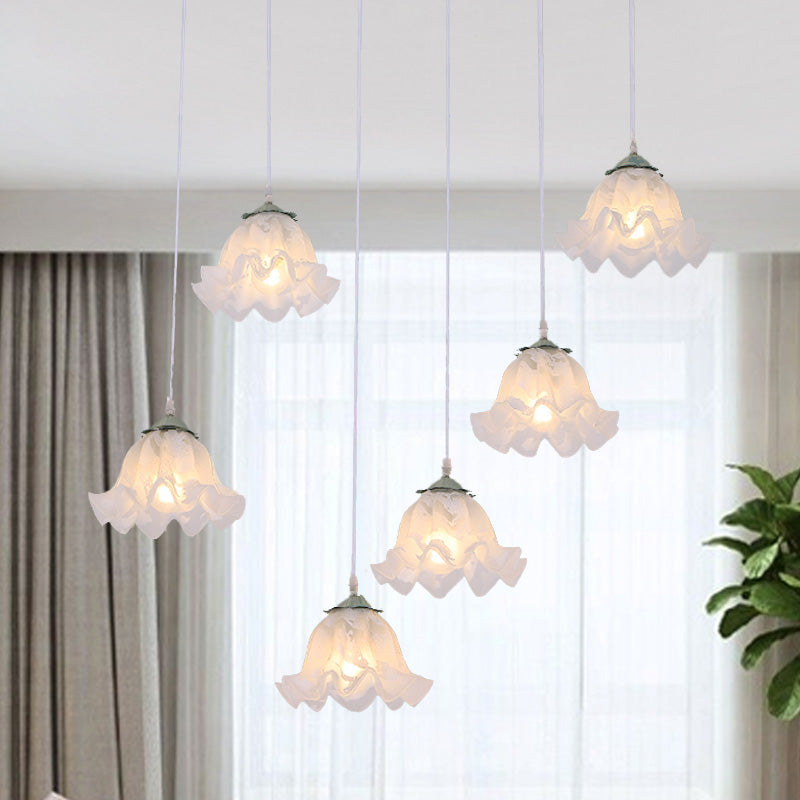 Scalloped Multi Light Pendant With White Glass Shade - 3/6-Bulb Suspension Lamp