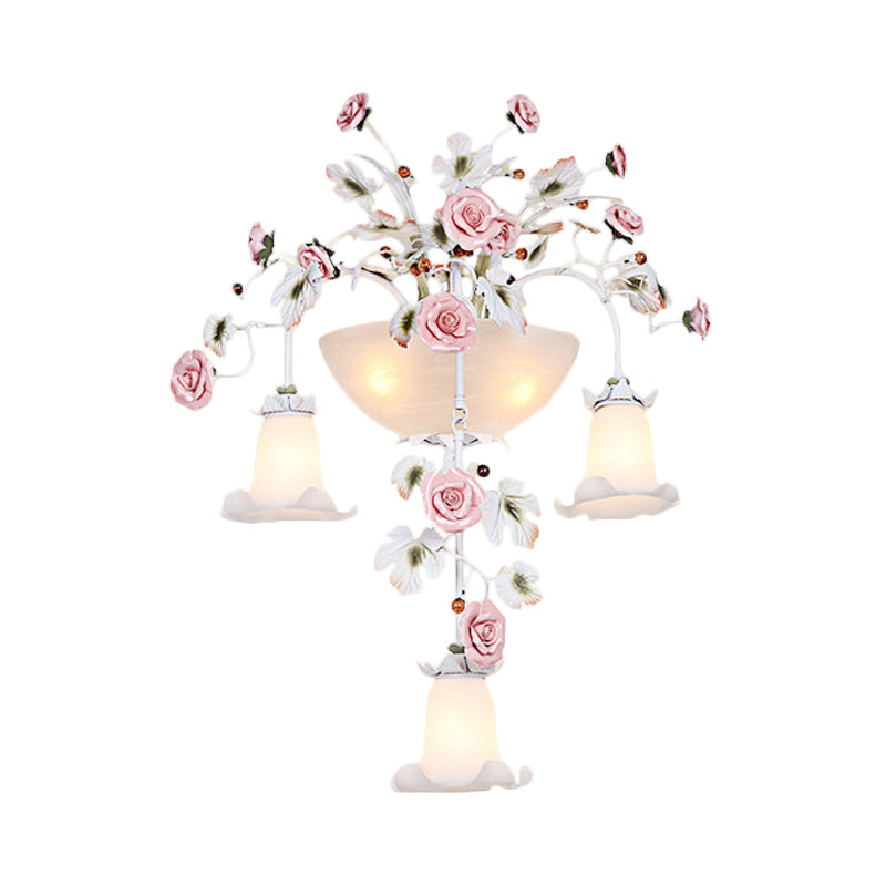 Korean Garden Pink Wall Light With White Floral Glass Sconce - 5 Heads For Hallway Lighting
