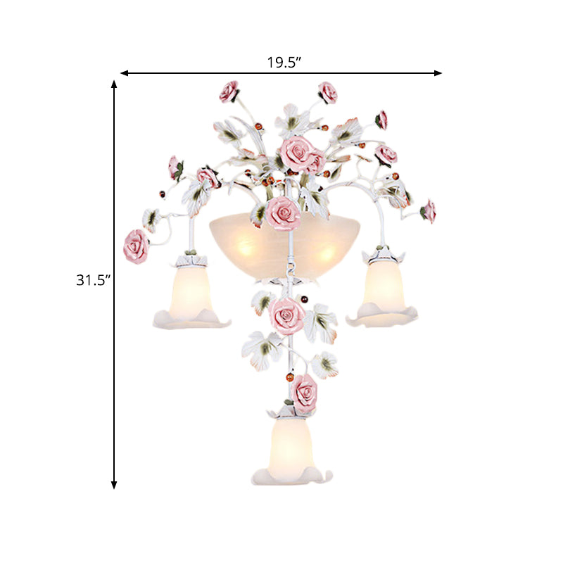Korean Garden Pink Wall Light With White Floral Glass Sconce - 5 Heads For Hallway Lighting