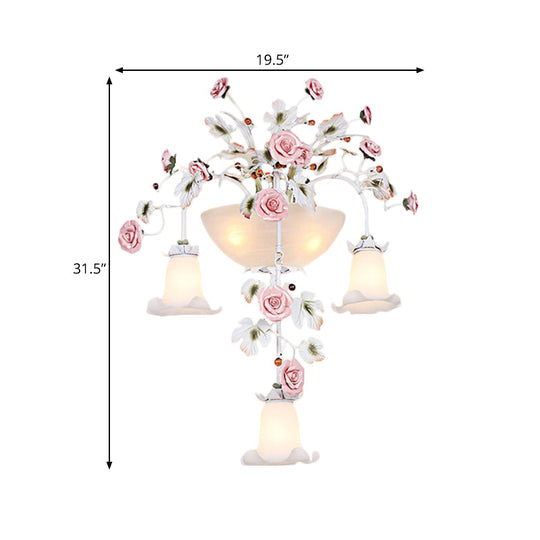 Korean Garden Pink Wall Light With White Floral Glass Sconce - 5 Heads For Hallway Lighting