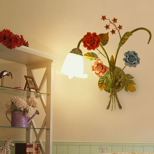 Green Glass Flower Wall Sconce With Curved Arm - Korean Garden Lamp