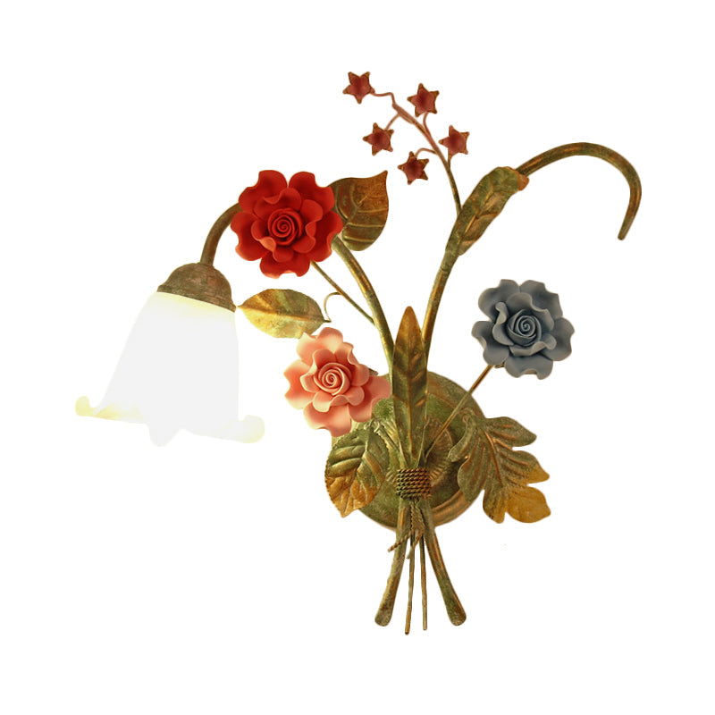 Green Glass Flower Wall Sconce With Curved Arm - Korean Garden Lamp