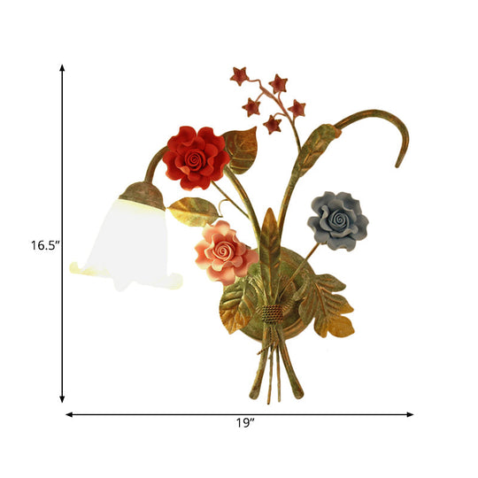 Green Glass Flower Wall Sconce With Curved Arm - Korean Garden Lamp